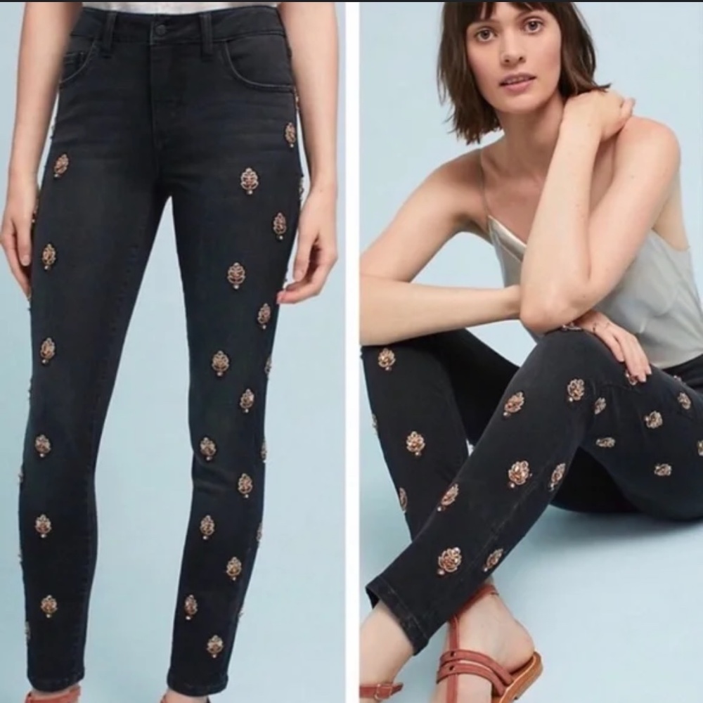 Anthropologie Pilcro Script Embellished High Rise Skinny Jeans Size 29